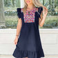 ON LINE ONLY- KIRUNDO Women's 2024 Summer Mini Dress Casual V Neck Floral Embroidered Ruffle Sleeveless Shift Dress Flowy Boho Dress, B-Navy, Small