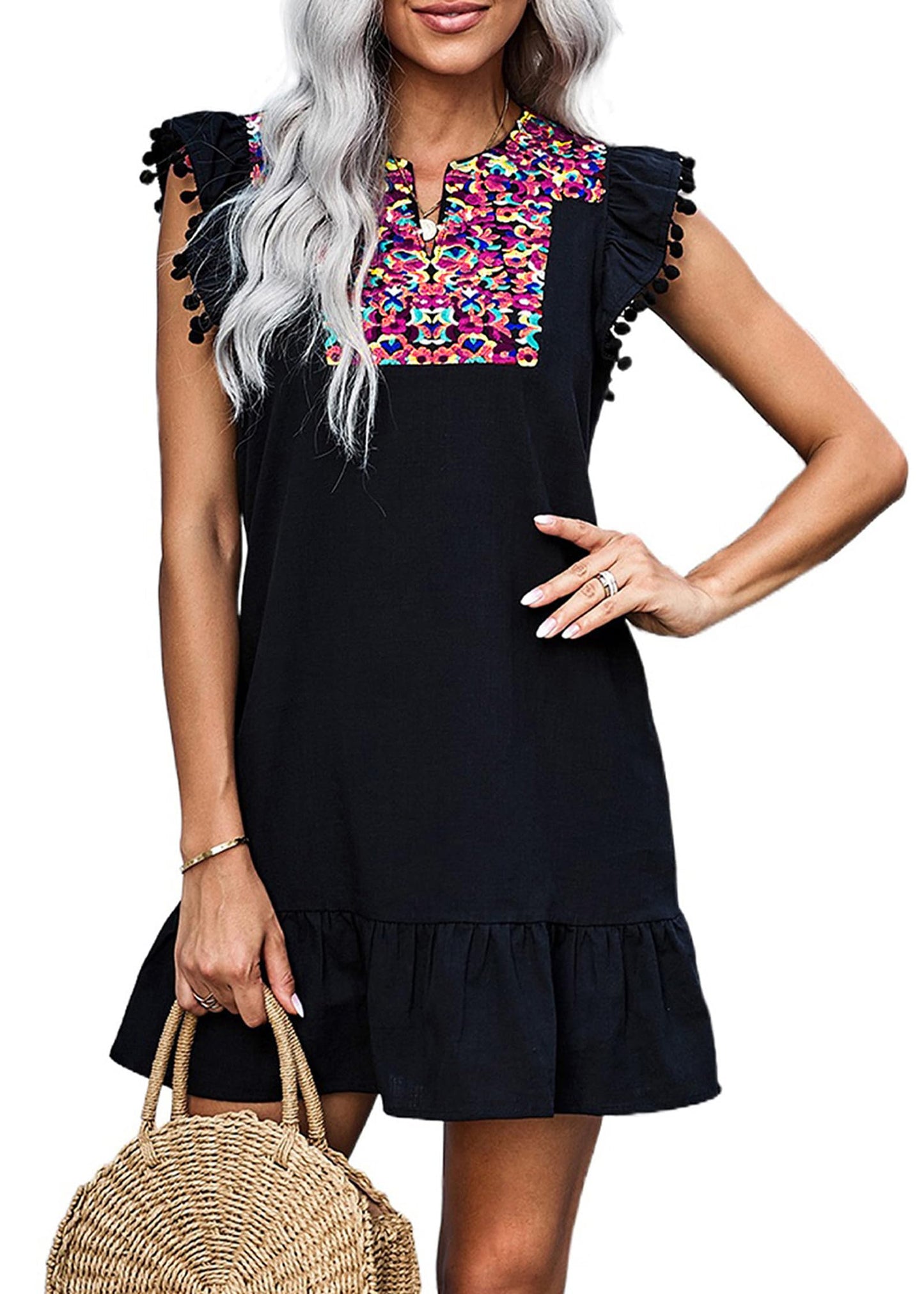 ON LINE ONLY- KIRUNDO Women's 2024 Summer Mini Dress Casual V Neck Floral Embroidered Ruffle Sleeveless Shift Dress Flowy Boho Dress, B-Navy, Small