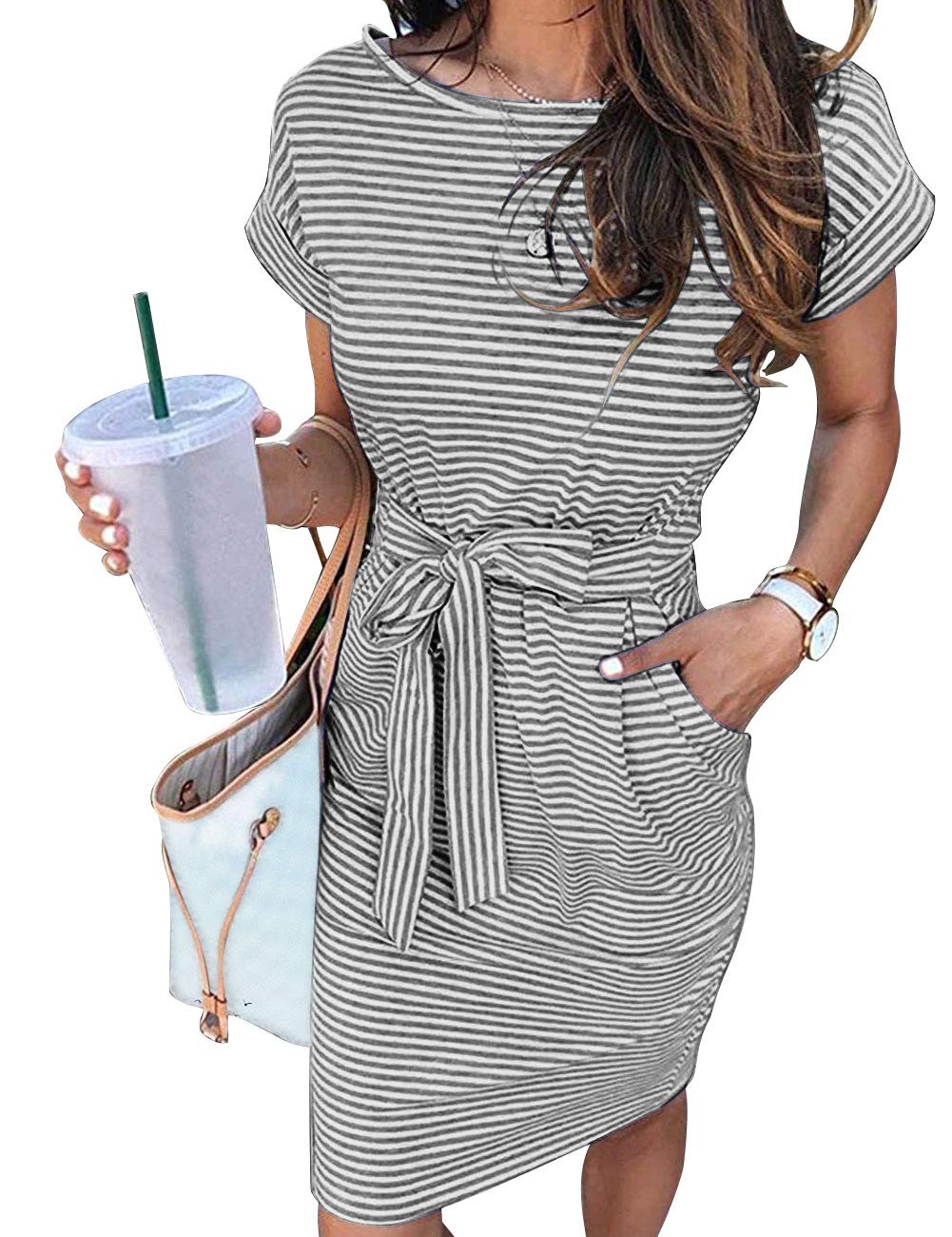 ON LINE ONLY- MEROKEETY Women's Summer Striped Short Sleeve T Shirt Dress Casual Tie Waist Midi Dress, Blue, M