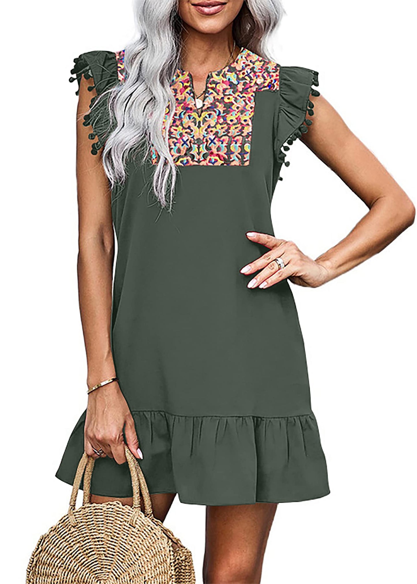 ON LINE ONLY- KIRUNDO Women's 2024 Summer Mini Dress Casual V Neck Floral Embroidered Ruffle Sleeveless Shift Dress Flowy Boho Dress, B-Navy, Small