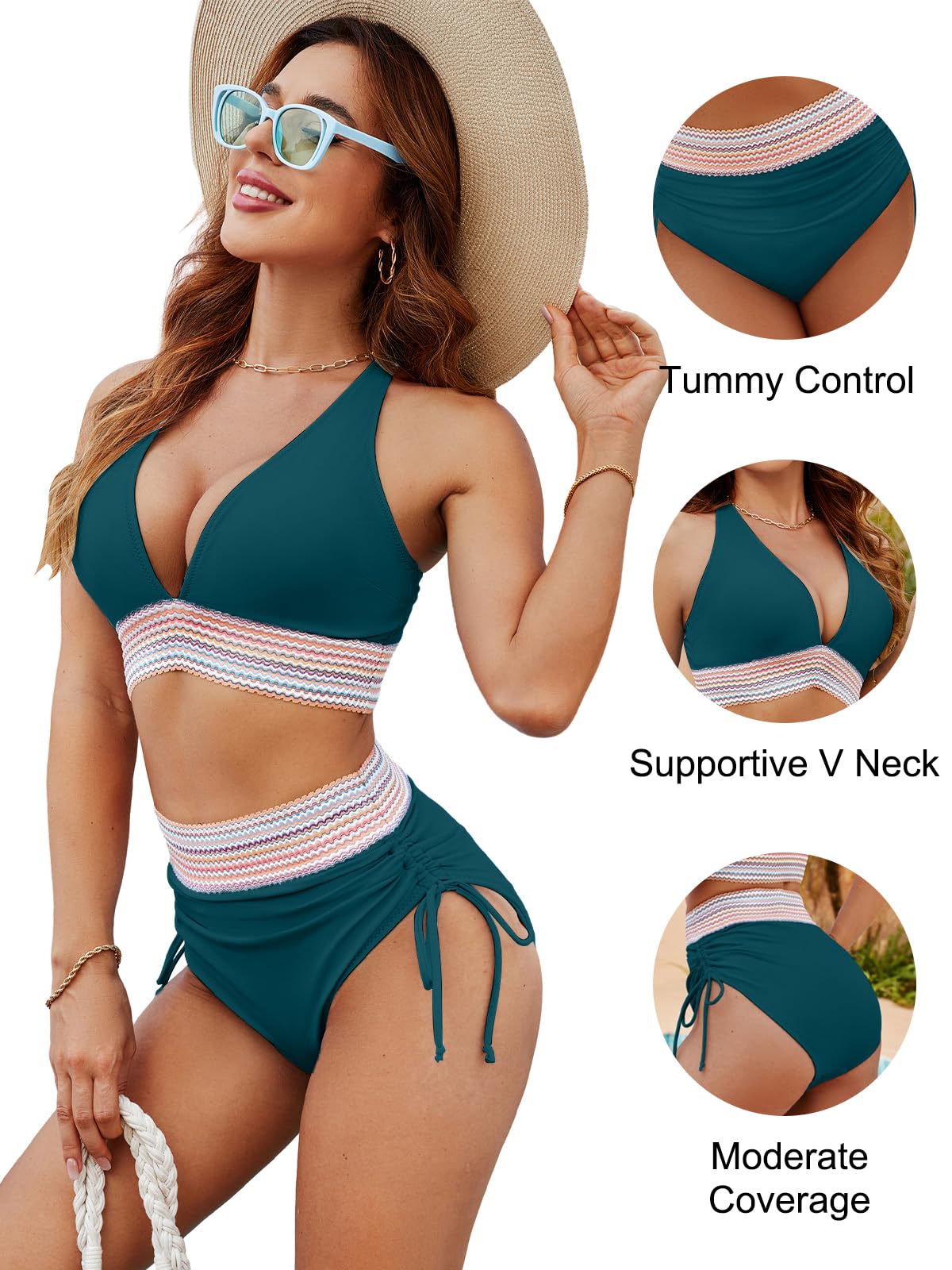 Blooming Jelly Womens High Waisted Bikini Tummy Control Swimsuits Two Piece Drawstring Swim Suits 2024 (M, Bright Blue)