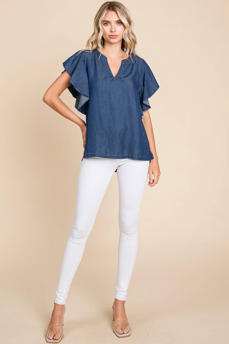 LST5325 - CHAMBRAY FLUTTER SLEEVE TOP=