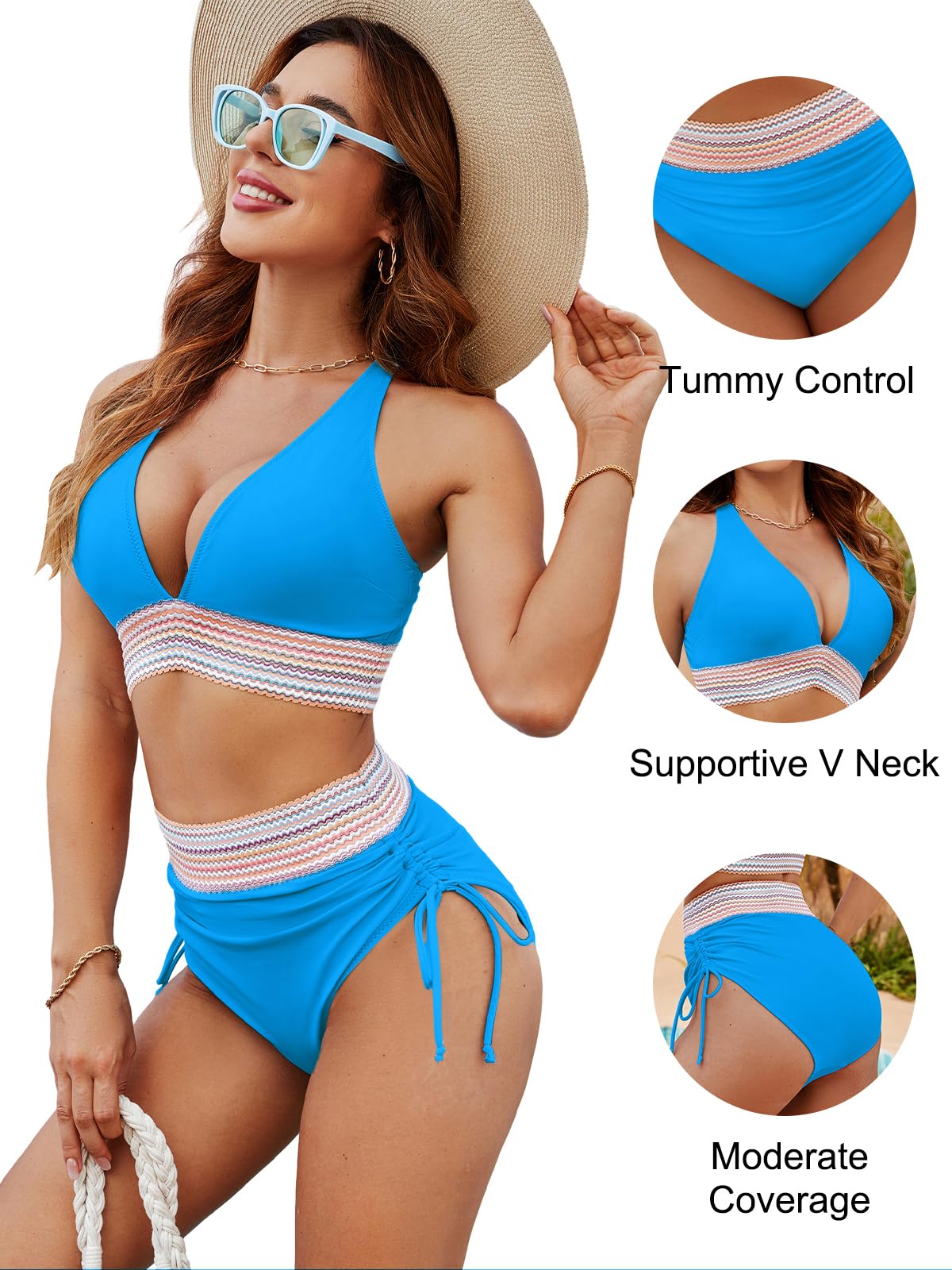 Blooming Jelly Womens High Waisted Bikini Tummy Control Swimsuits Two Piece Drawstring Swim Suits 2024 (M, Bright Blue)