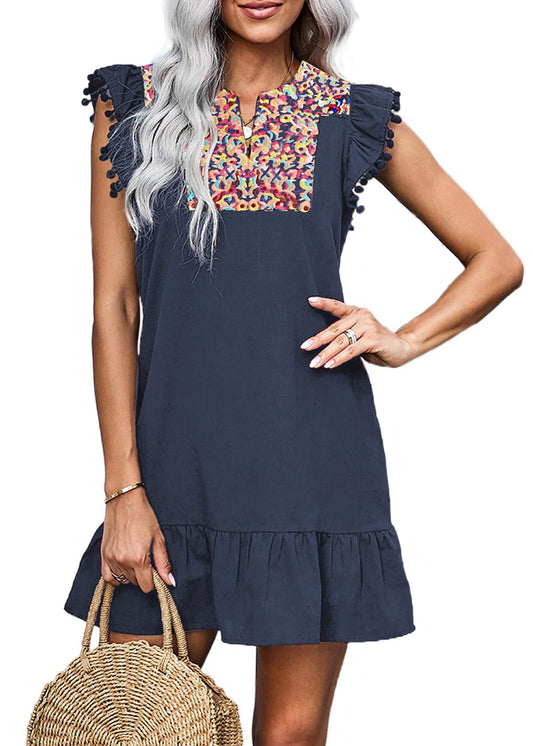 ON LINE ONLY- KIRUNDO Women's 2024 Summer Mini Dress Casual V Neck Floral Embroidered Ruffle Sleeveless Shift Dress Flowy Boho Dress, B-Navy, Small