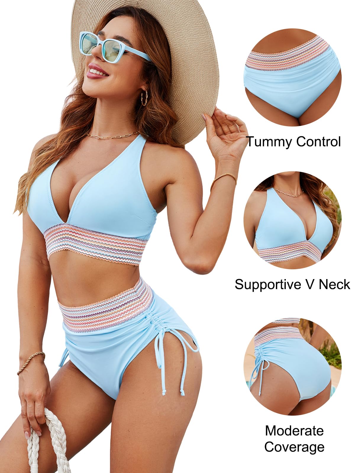 Blooming Jelly Womens High Waisted Bikini Tummy Control Swimsuits Two Piece Drawstring Swim Suits 2024 (M, Bright Blue)