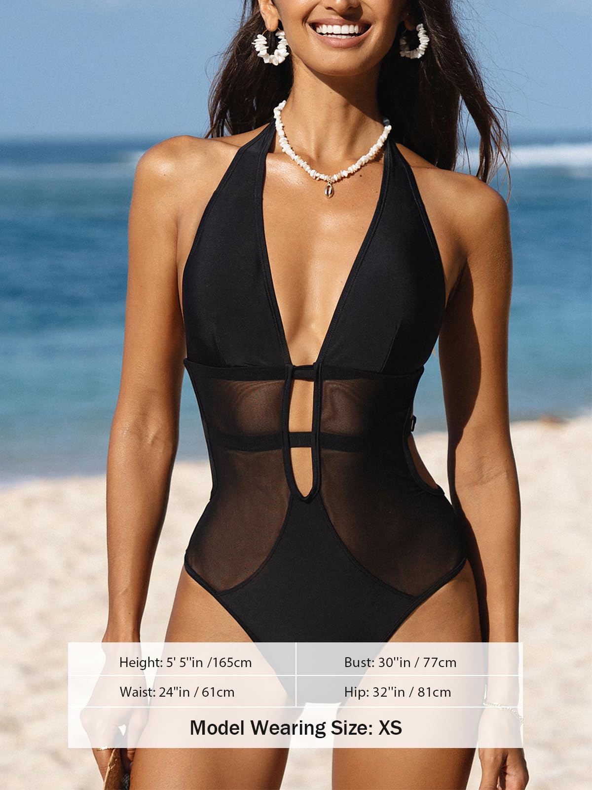 CUPSHE Women's One Piece Swimsuit Bathing Suit Deep V Neck Halter Back Tie Mesh Swimwear XS Black