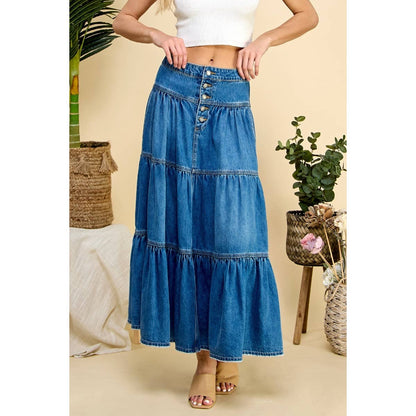 Front Button 3 tiered Denim Skirt