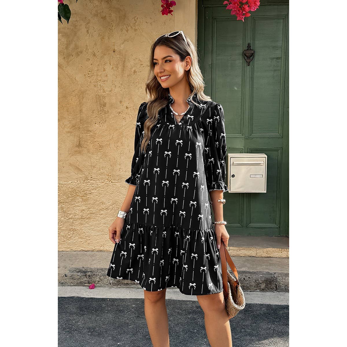 A Line Bow Ruffle V Neck Loose Fit Dress