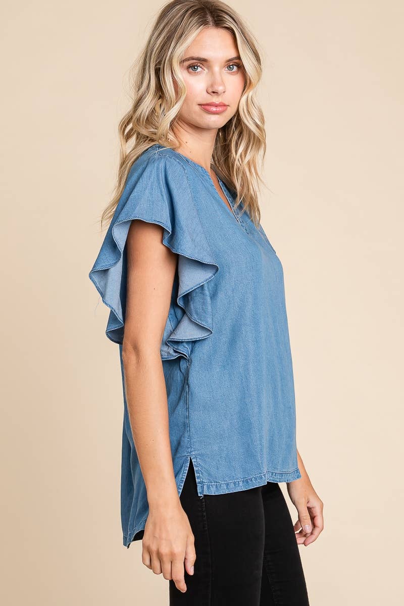 LST5325 - CHAMBRAY FLUTTER SLEEVE TOP=