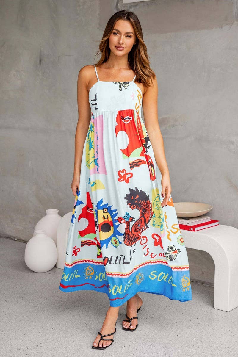 Printed SUSPENDER DRESS WITH WIDE SWING