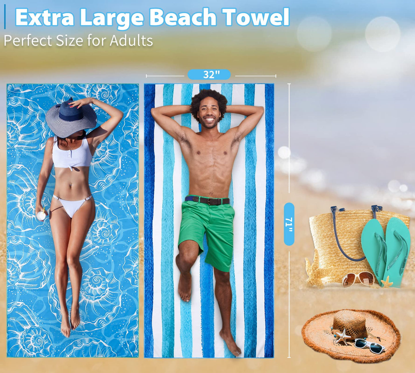 4 Pack Lightweight Thin Beach Towel Oversized 71"x32" Big Extra Large Microfiber Sand Free Towels for Adult Quick Dry Travel Camping Beach Accessories Vacation Essential Turtle Tie Dye Mandala Stripe