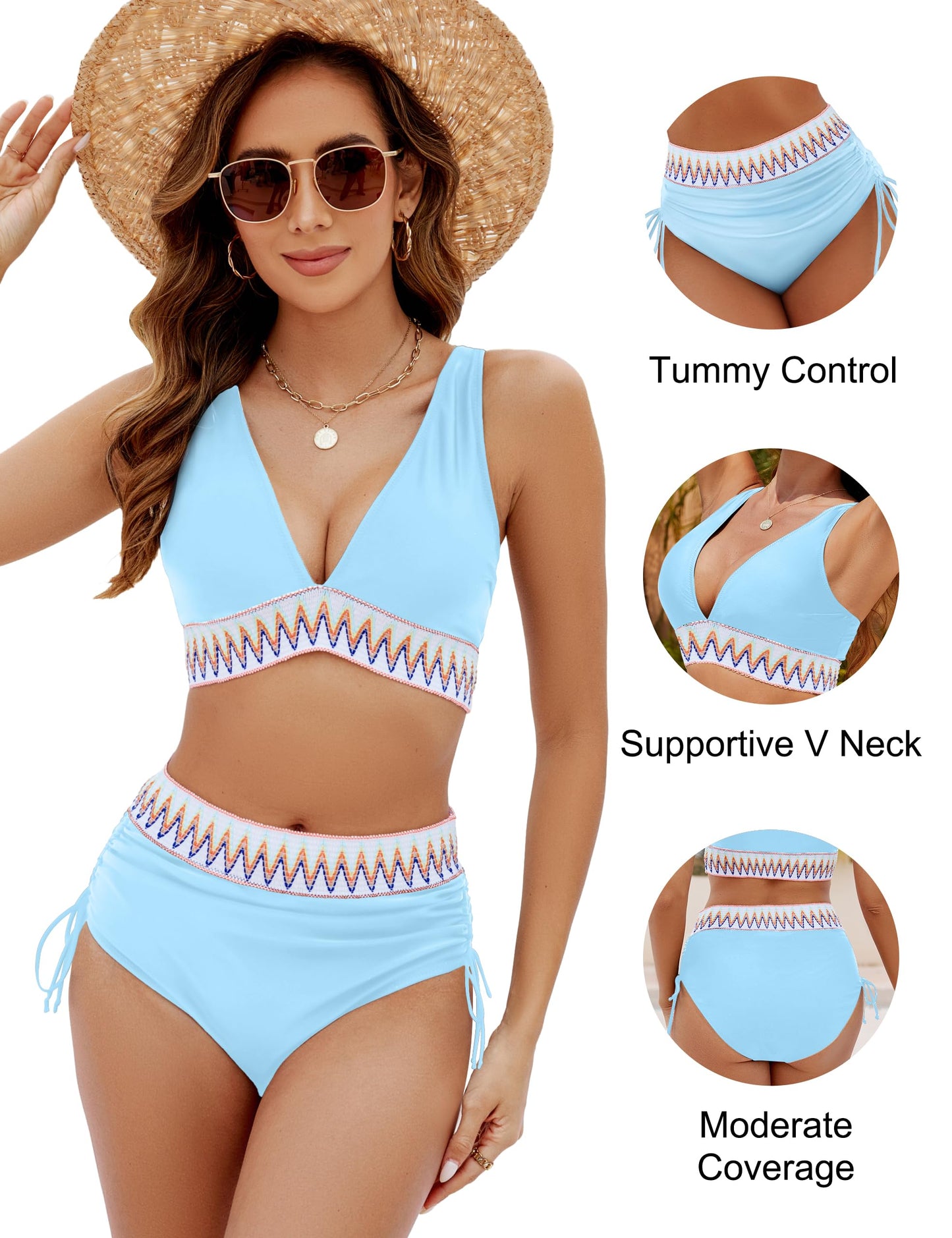 Blooming Jelly Womens High Waisted Bikini Tummy Control Swimsuits Two Piece Drawstring Swim Suits 2024 (M, Bright Blue)