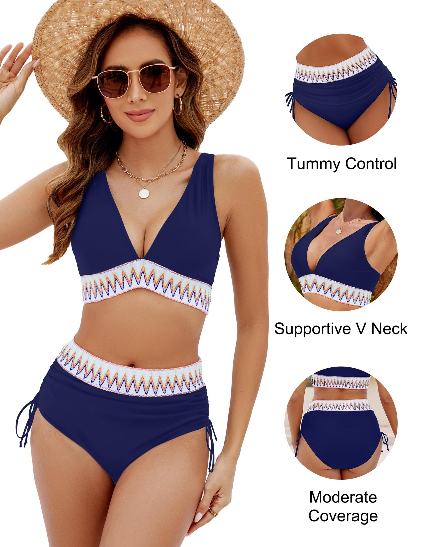 Blooming Jelly Womens High Waisted Bikini Tummy Control Swimsuits Two Piece Drawstring Swim Suits 2024 (M, Bright Blue)