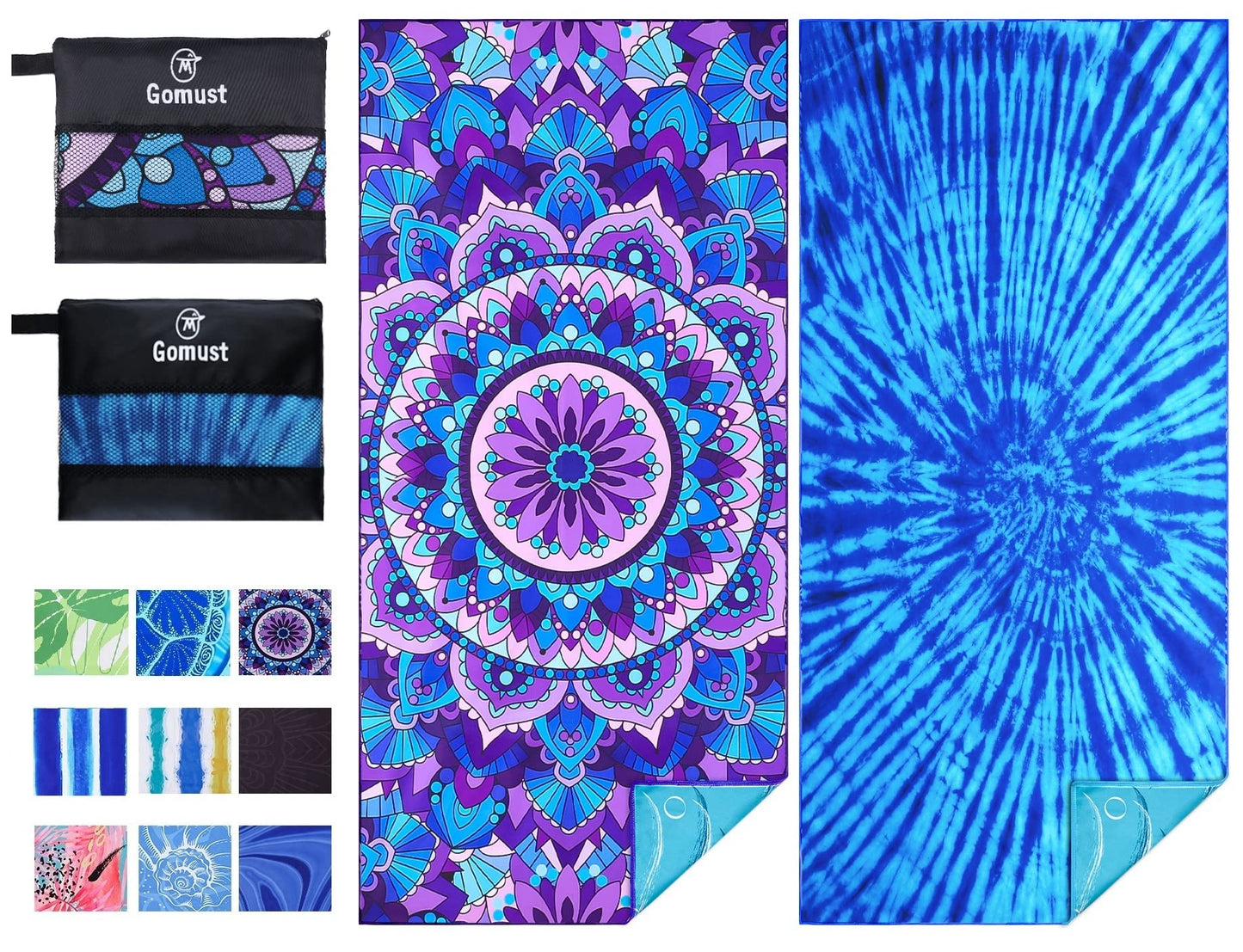 4 Pack Lightweight Thin Beach Towel Oversized 71"x32" Big Extra Large Microfiber Sand Free Towels for Adult Quick Dry Travel Camping Beach Accessories Vacation Essential Turtle Tie Dye Mandala Stripe