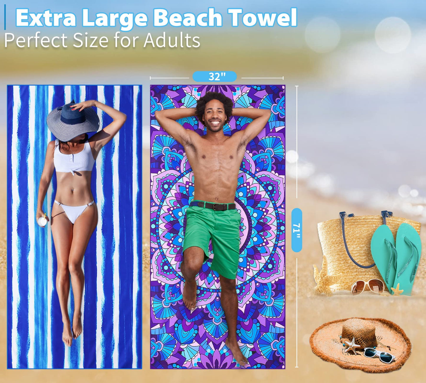 4 Pack Lightweight Thin Beach Towel Oversized 71"x32" Big Extra Large Microfiber Sand Free Towels for Adult Quick Dry Travel Camping Beach Accessories Vacation Essential Turtle Tie Dye Mandala Stripe