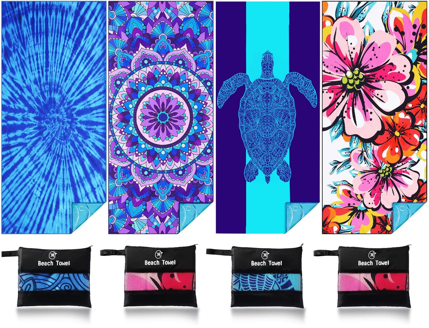 4 Pack Lightweight Thin Beach Towel Oversized 71"x32" Big Extra Large Microfiber Sand Free Towels for Adult Quick Dry Travel Camping Beach Accessories Vacation Essential Turtle Tie Dye Mandala Stripe