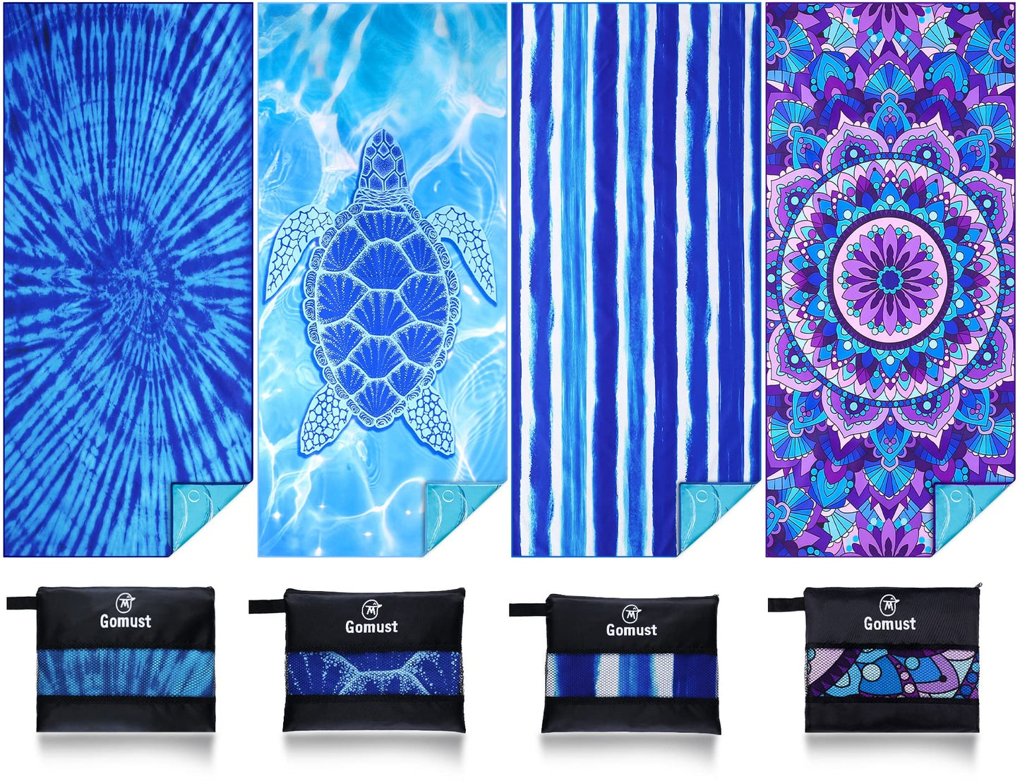 4 Pack Lightweight Thin Beach Towel Oversized 71"x32" Big Extra Large Microfiber Sand Free Towels for Adult Quick Dry Travel Camping Beach Accessories Vacation Essential Turtle Tie Dye Mandala Stripe