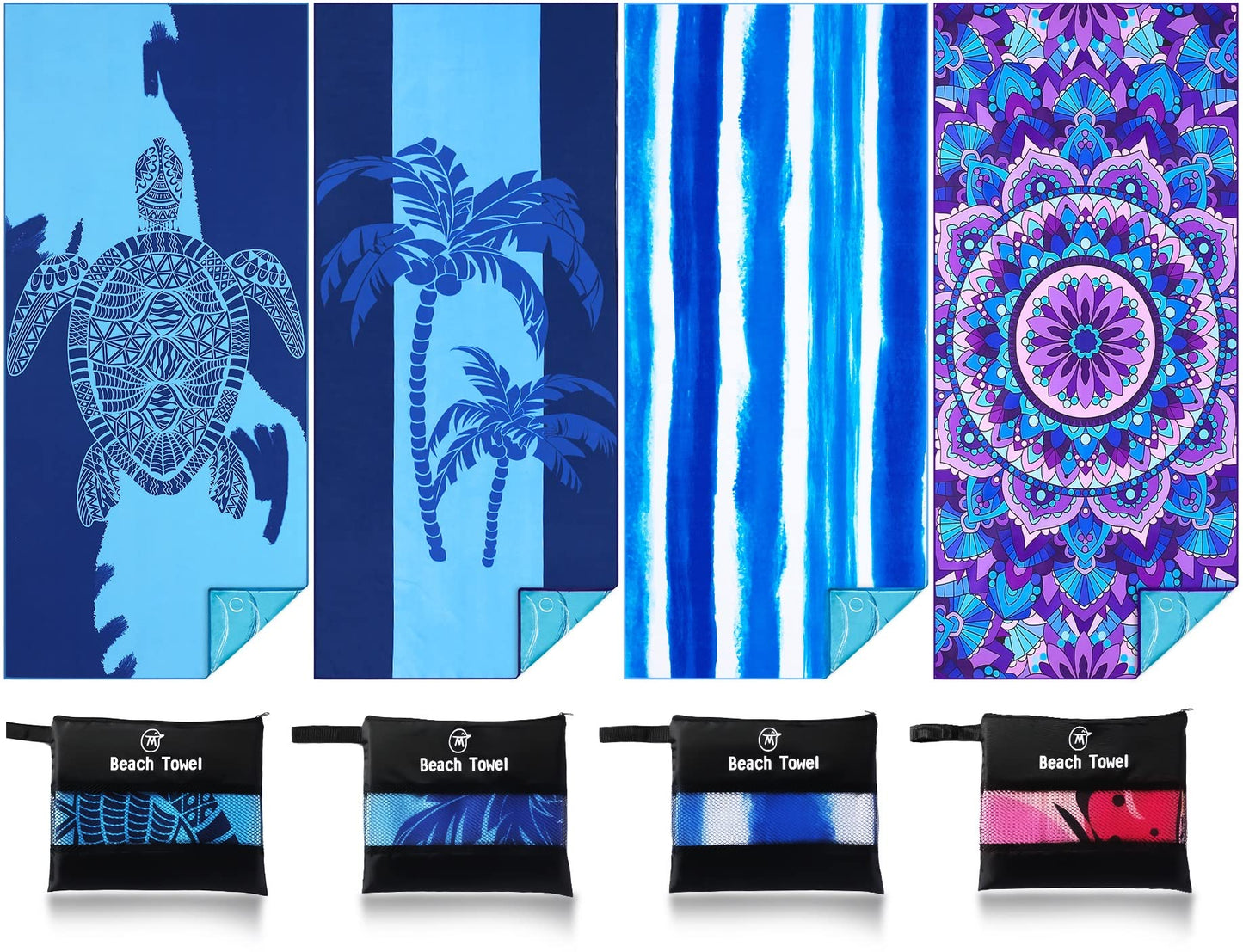 4 Pack Lightweight Thin Beach Towel Oversized 71"x32" Big Extra Large Microfiber Sand Free Towels for Adult Quick Dry Travel Camping Beach Accessories Vacation Essential Turtle Tie Dye Mandala Stripe