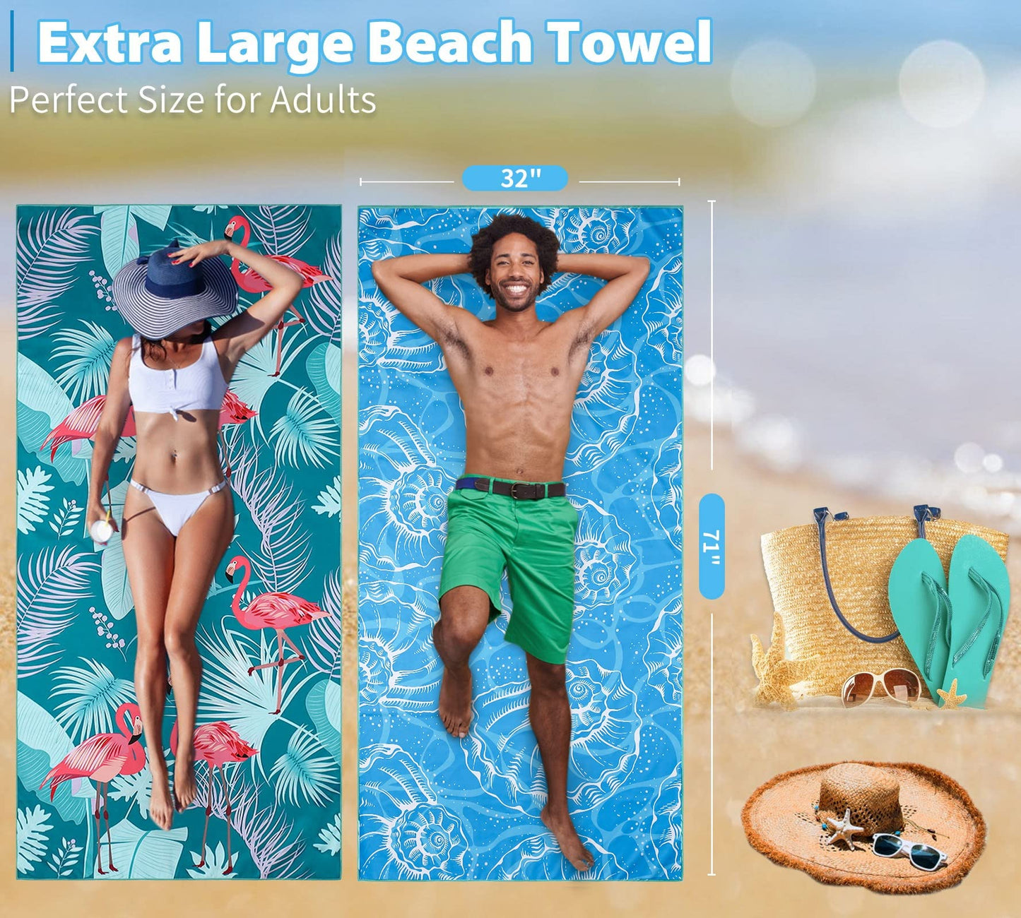 4 Pack Lightweight Thin Beach Towel Oversized 71"x32" Big Extra Large Microfiber Sand Free Towels for Adult Quick Dry Travel Camping Beach Accessories Vacation Essential Turtle Tie Dye Mandala Stripe