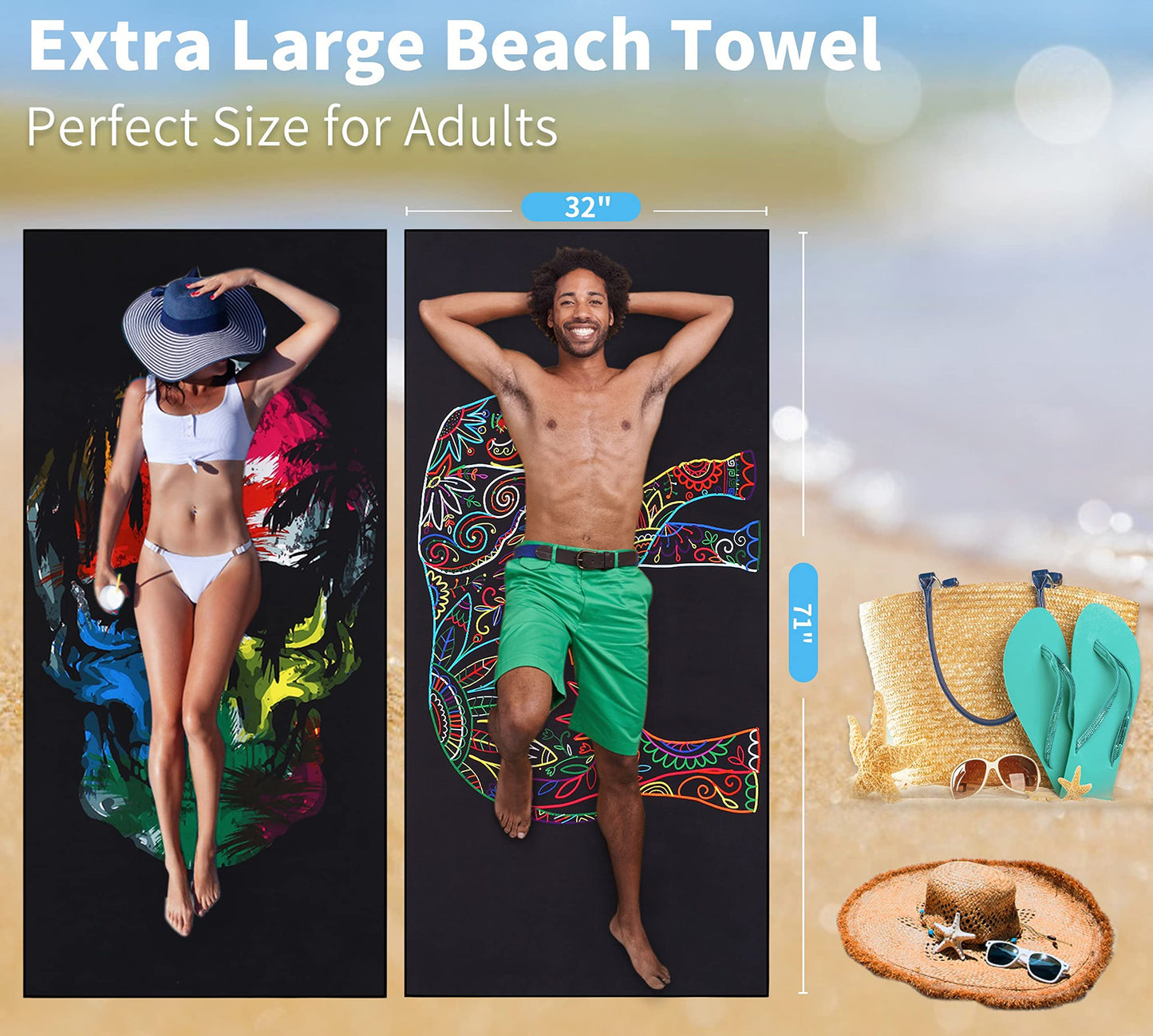 4 Pack Lightweight Thin Beach Towel Oversized 71"x32" Big Extra Large Microfiber Sand Free Towels for Adult Quick Dry Travel Camping Beach Accessories Vacation Essential Turtle Tie Dye Mandala Stripe