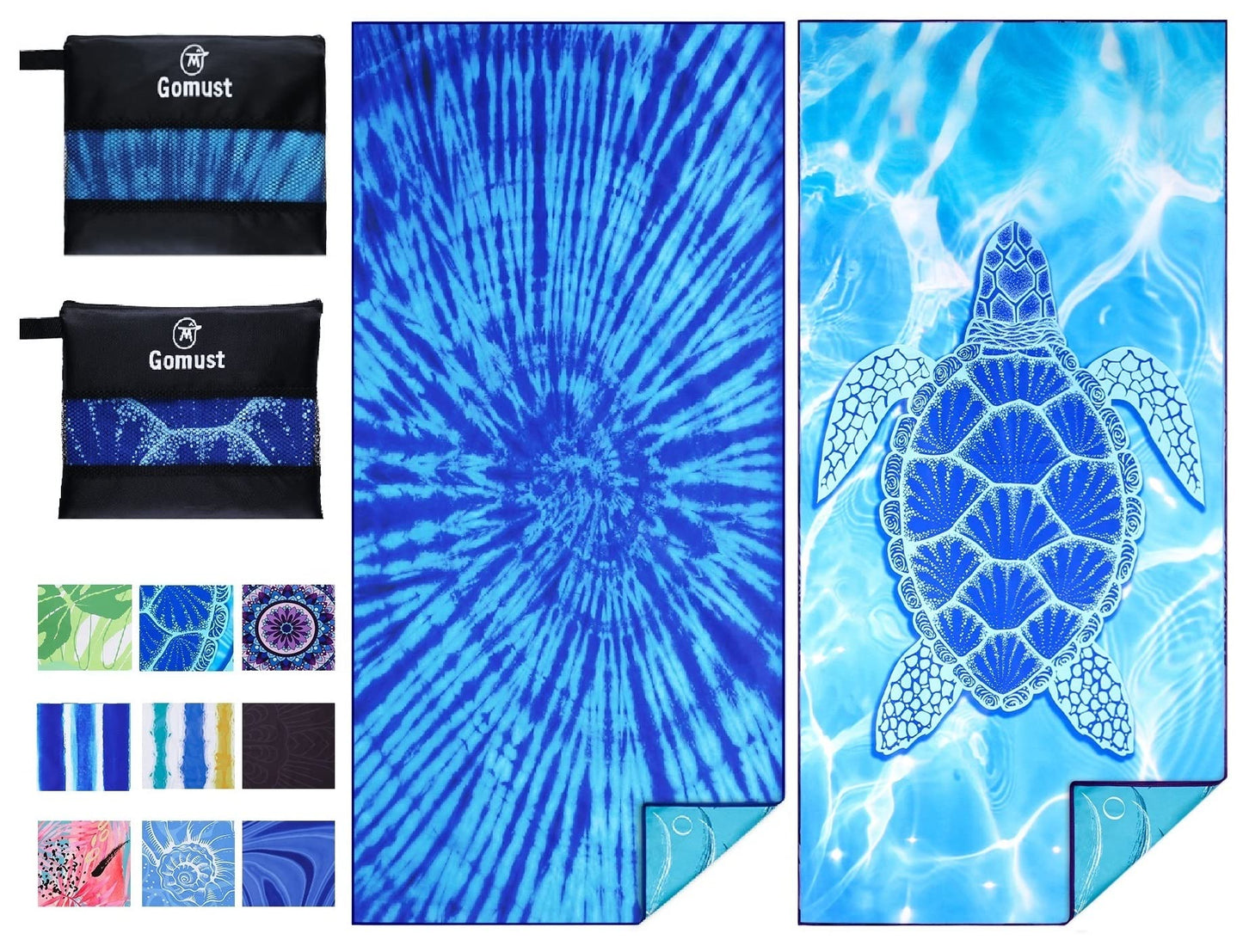 4 Pack Lightweight Thin Beach Towel Oversized 71"x32" Big Extra Large Microfiber Sand Free Towels for Adult Quick Dry Travel Camping Beach Accessories Vacation Essential Turtle Tie Dye Mandala Stripe