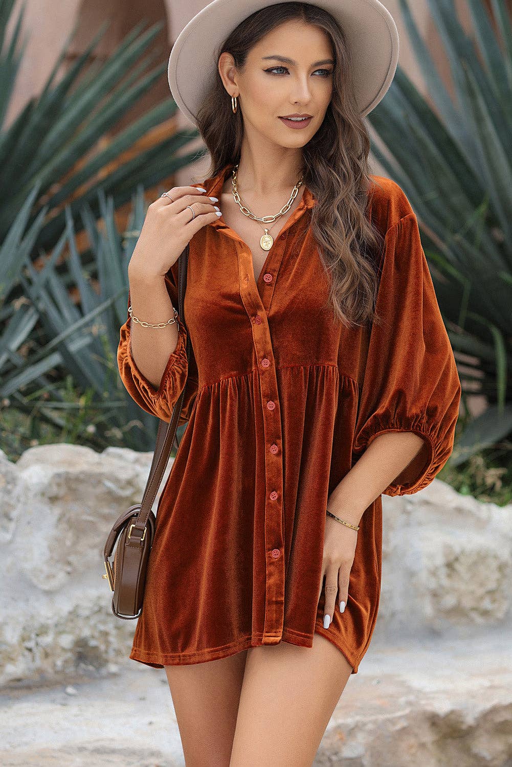 Women's 3/4 Sleeve Tunic Babydoll Velvet Shirt