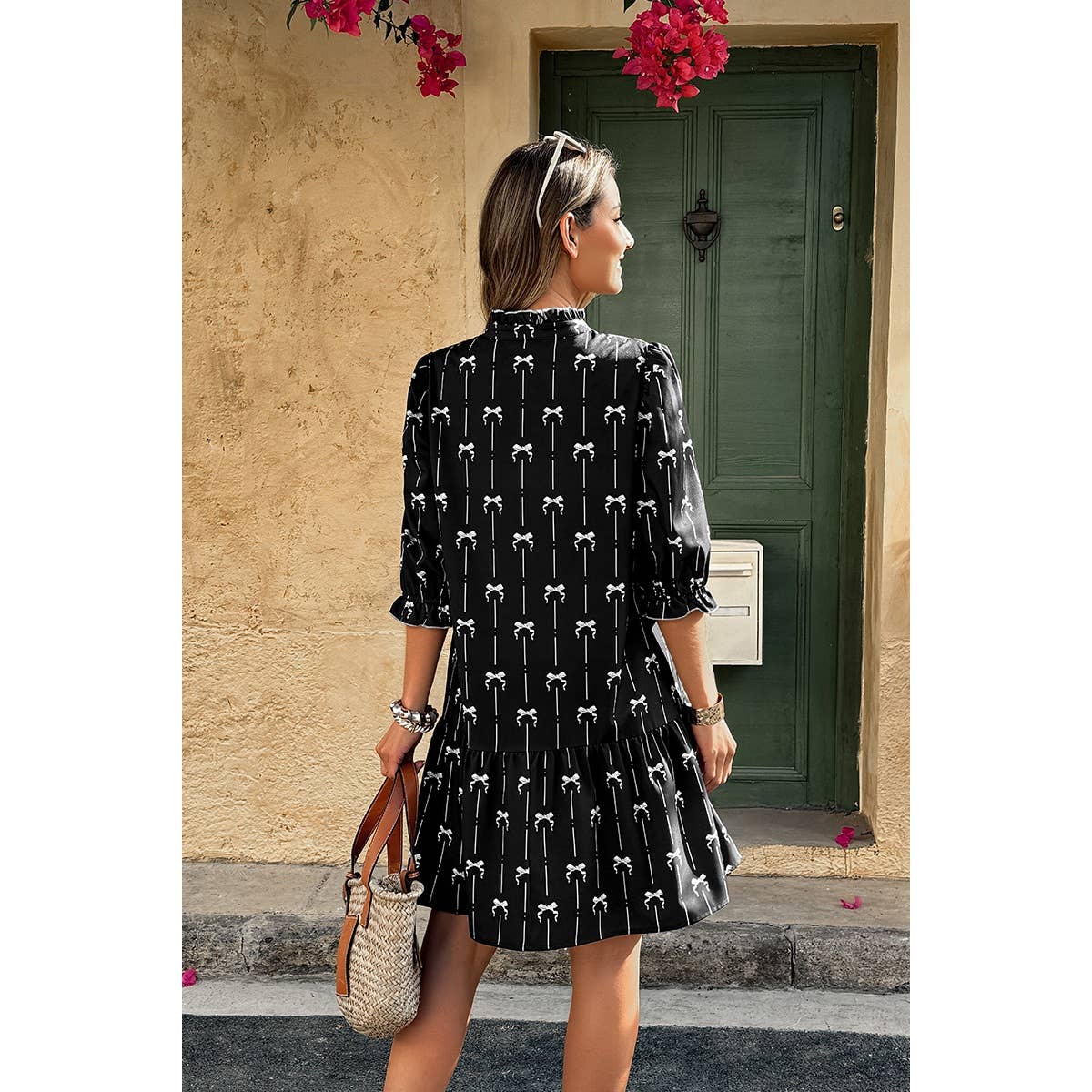 A Line Bow Ruffle V Neck Loose Fit Dress