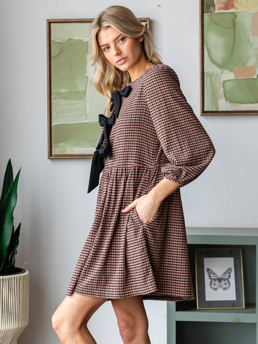 Print Woven Ribbon Tie Short Dress