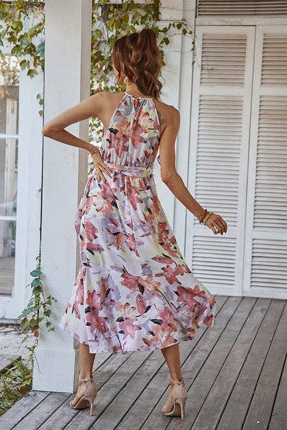 Halter Neck Flower Print Ruffled Dress -