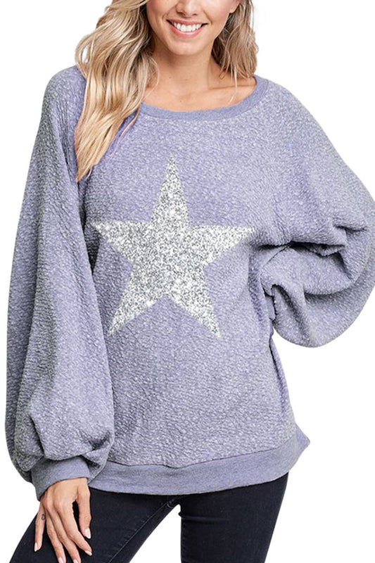 Star Glitter Boat Neck Bubble Sleeve Unique Fabric: 2-2-2 (S-M-L) / DENIM