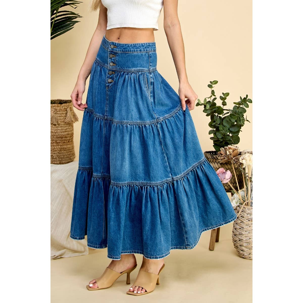Front Button 3 tiered Denim Skirt