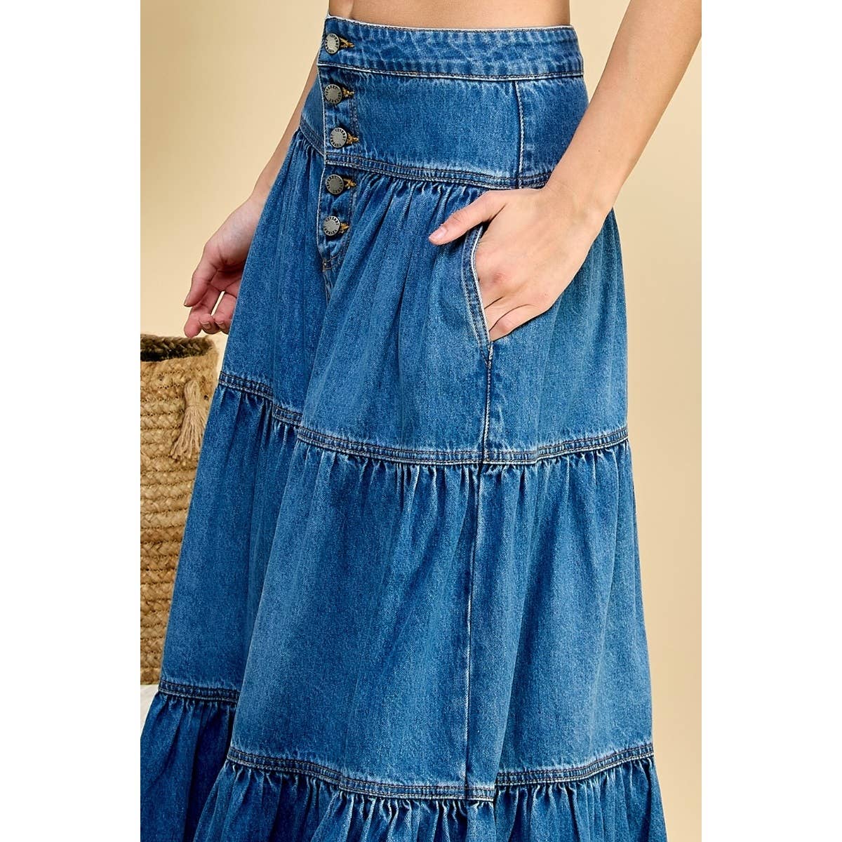 Front Button 3 tiered Denim Skirt