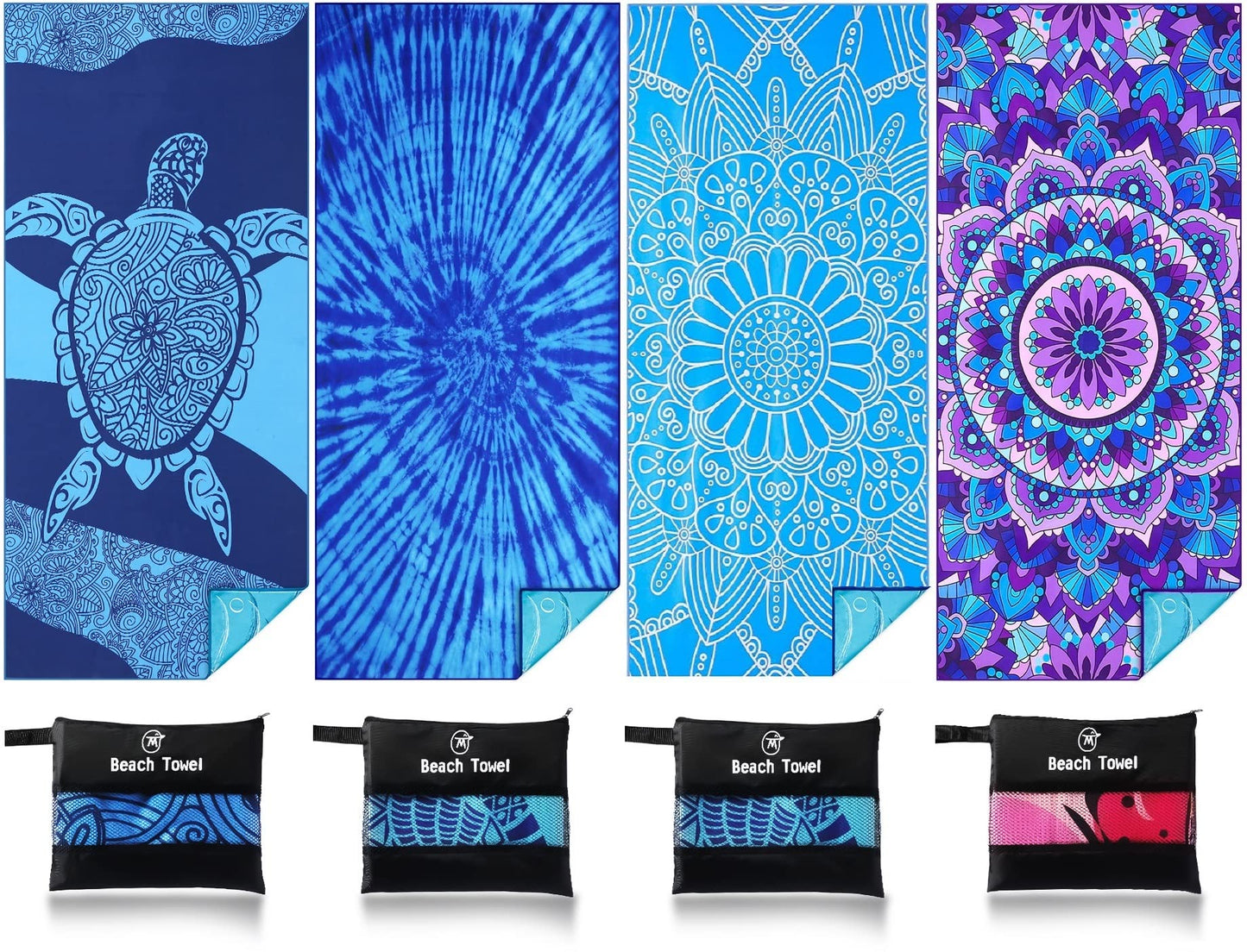 4 Pack Lightweight Thin Beach Towel Oversized 71"x32" Big Extra Large Microfiber Sand Free Towels for Adult Quick Dry Travel Camping Beach Accessories Vacation Essential Turtle Tie Dye Mandala Stripe