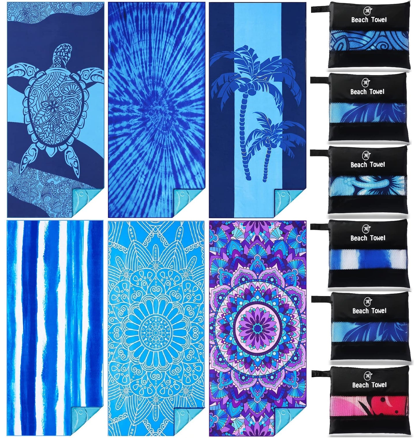 4 Pack Lightweight Thin Beach Towel Oversized 71"x32" Big Extra Large Microfiber Sand Free Towels for Adult Quick Dry Travel Camping Beach Accessories Vacation Essential Turtle Tie Dye Mandala Stripe