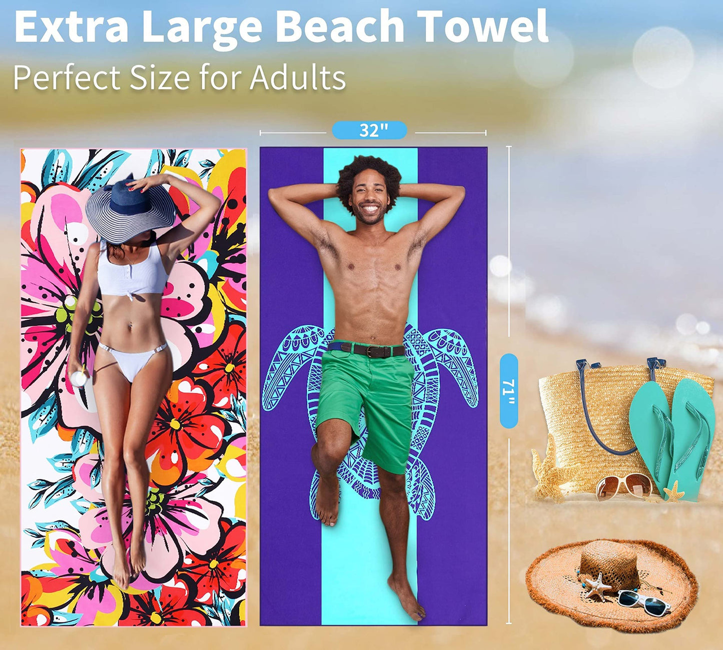 4 Pack Lightweight Thin Beach Towel Oversized 71"x32" Big Extra Large Microfiber Sand Free Towels for Adult Quick Dry Travel Camping Beach Accessories Vacation Essential Turtle Tie Dye Mandala Stripe