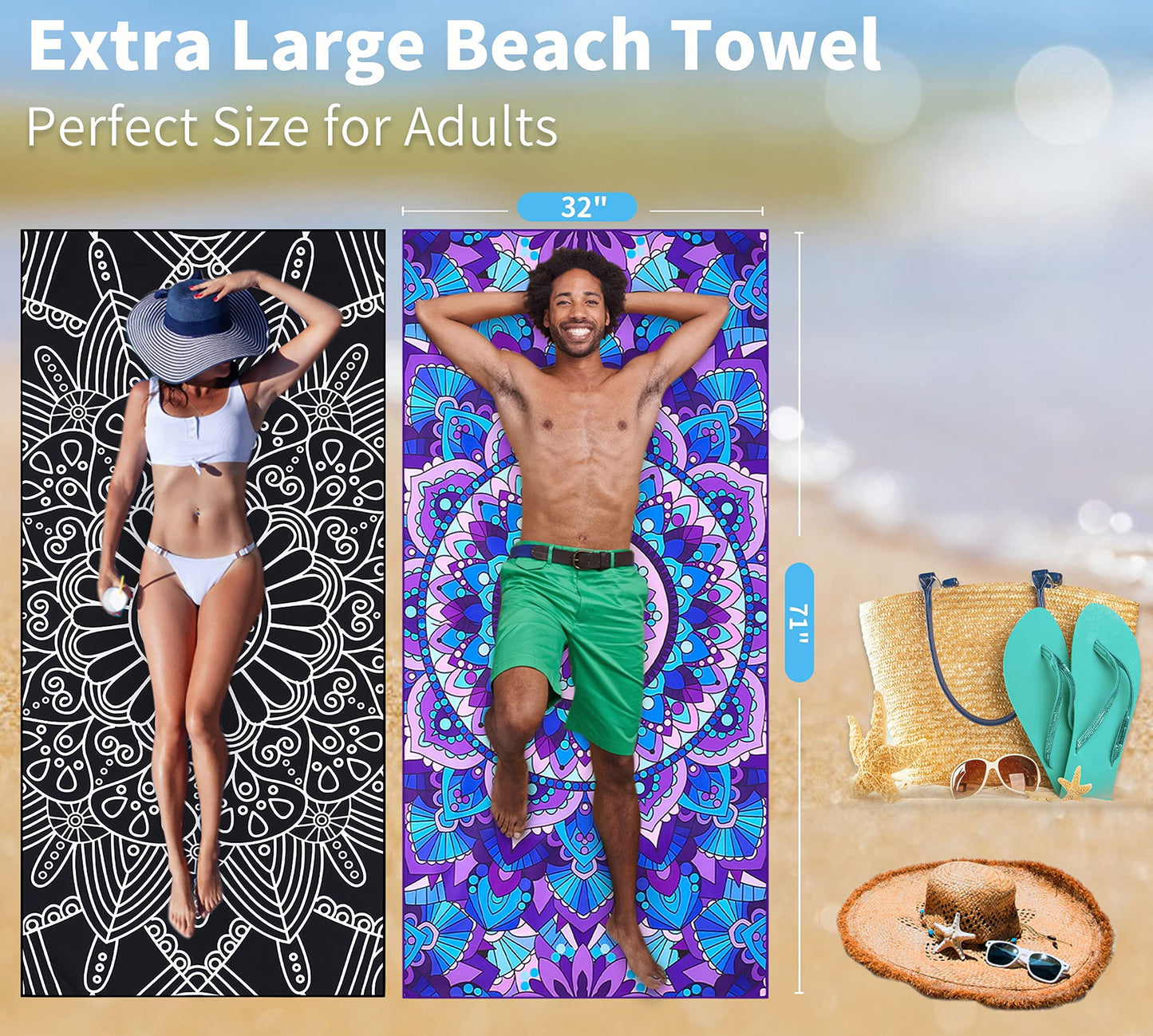 4 Pack Lightweight Thin Beach Towel Oversized 71"x32" Big Extra Large Microfiber Sand Free Towels for Adult Quick Dry Travel Camping Beach Accessories Vacation Essential Turtle Tie Dye Mandala Stripe