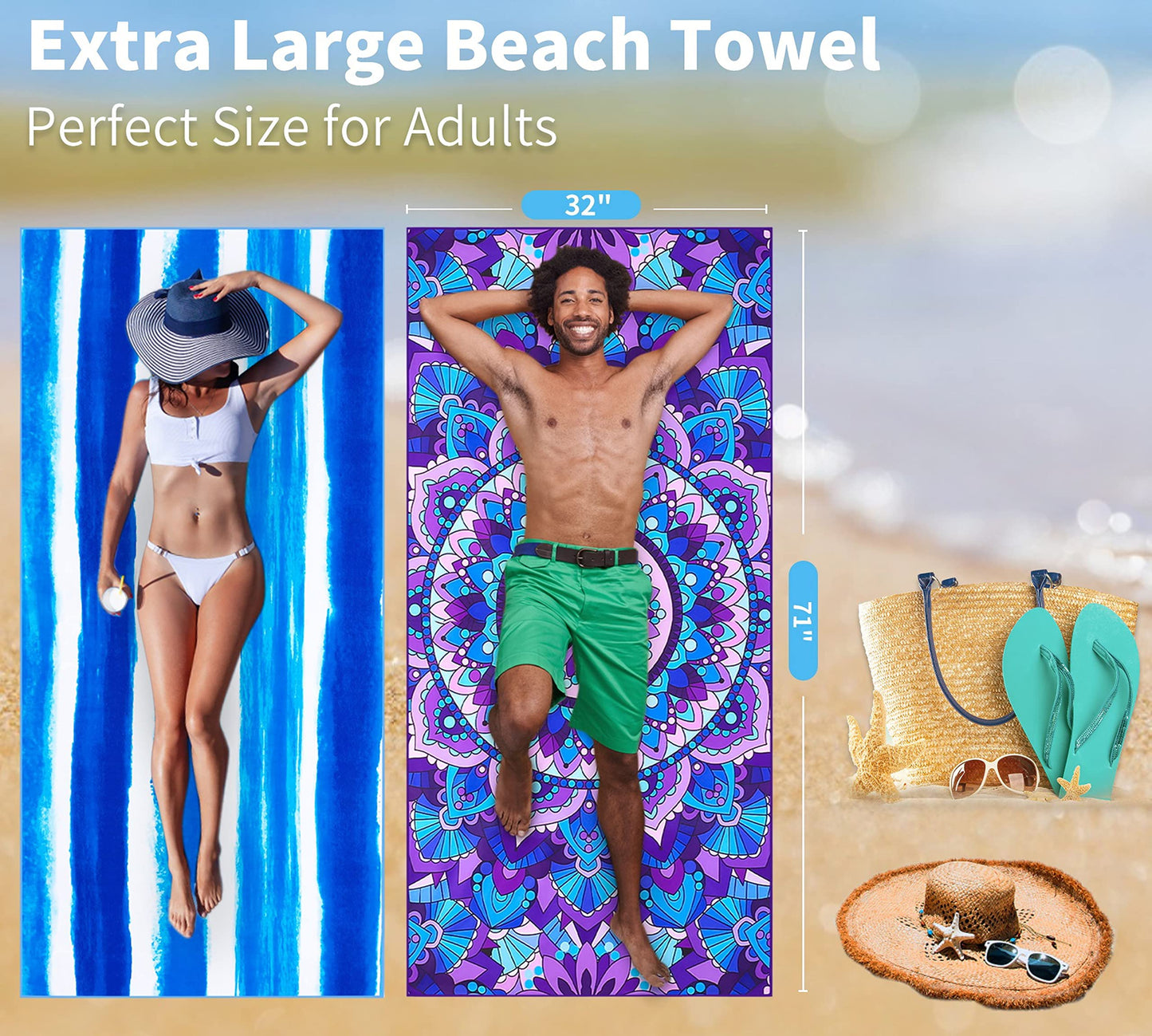 4 Pack Lightweight Thin Beach Towel Oversized 71"x32" Big Extra Large Microfiber Sand Free Towels for Adult Quick Dry Travel Camping Beach Accessories Vacation Essential Turtle Tie Dye Mandala Stripe