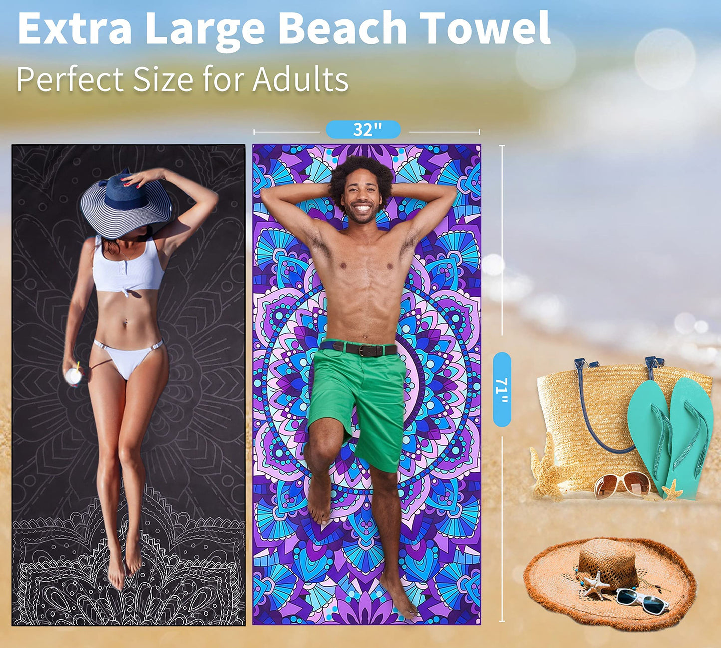 4 Pack Lightweight Thin Beach Towel Oversized 71"x32" Big Extra Large Microfiber Sand Free Towels for Adult Quick Dry Travel Camping Beach Accessories Vacation Essential Turtle Tie Dye Mandala Stripe