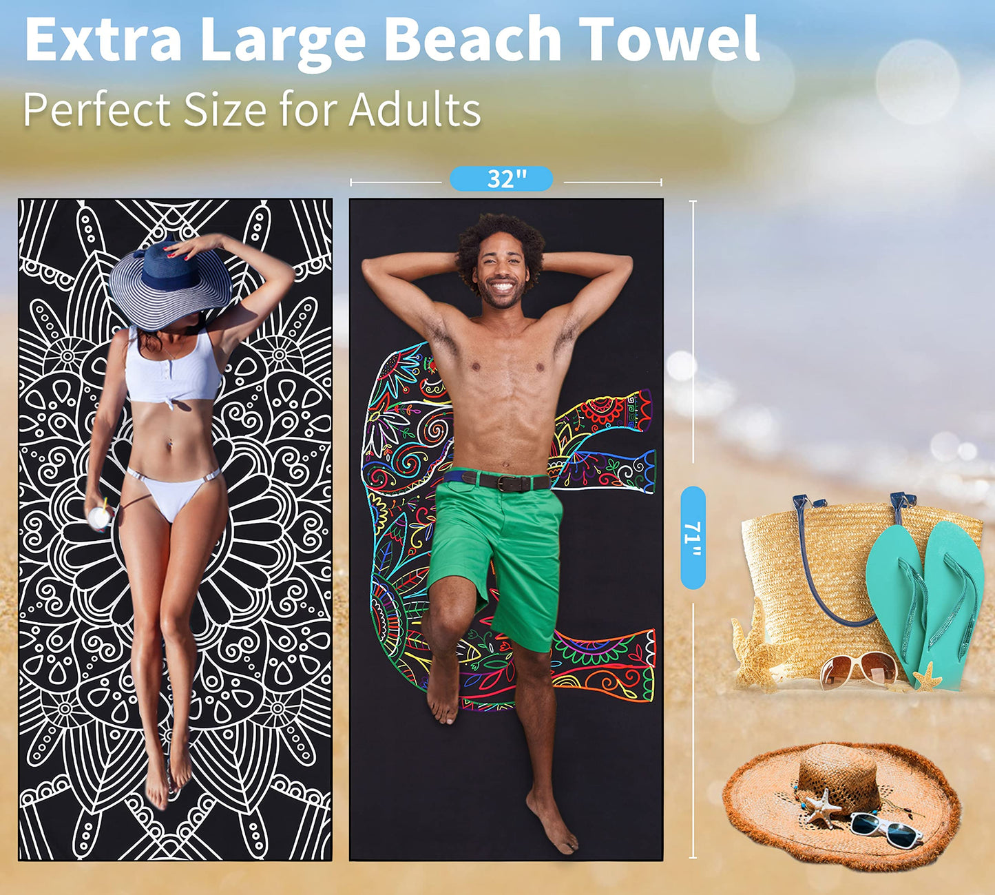 4 Pack Lightweight Thin Beach Towel Oversized 71"x32" Big Extra Large Microfiber Sand Free Towels for Adult Quick Dry Travel Camping Beach Accessories Vacation Essential Turtle Tie Dye Mandala Stripe