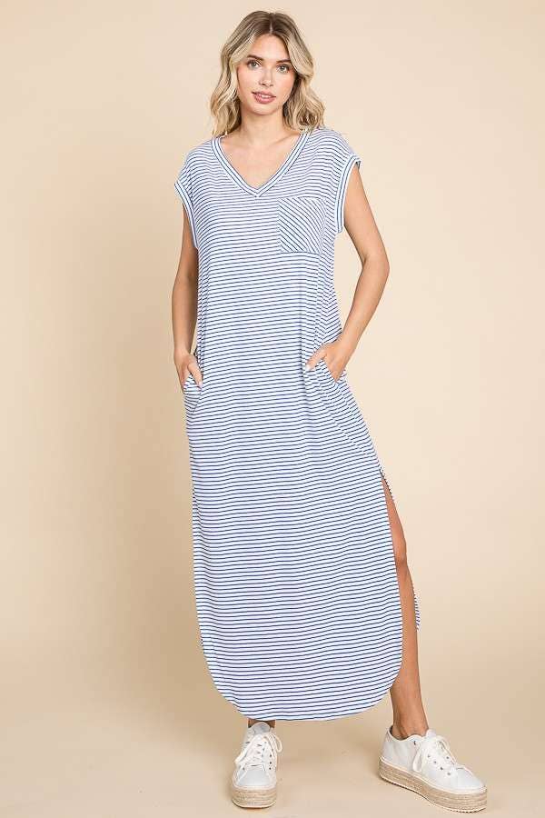 V Neck Oversize Sleeveless Stripe Maxi Dress