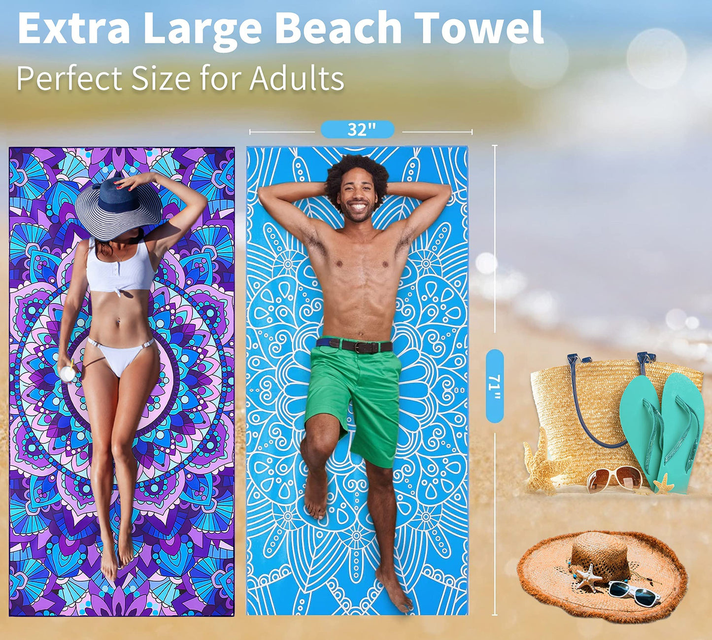 4 Pack Lightweight Thin Beach Towel Oversized 71"x32" Big Extra Large Microfiber Sand Free Towels for Adult Quick Dry Travel Camping Beach Accessories Vacation Essential Turtle Tie Dye Mandala Stripe