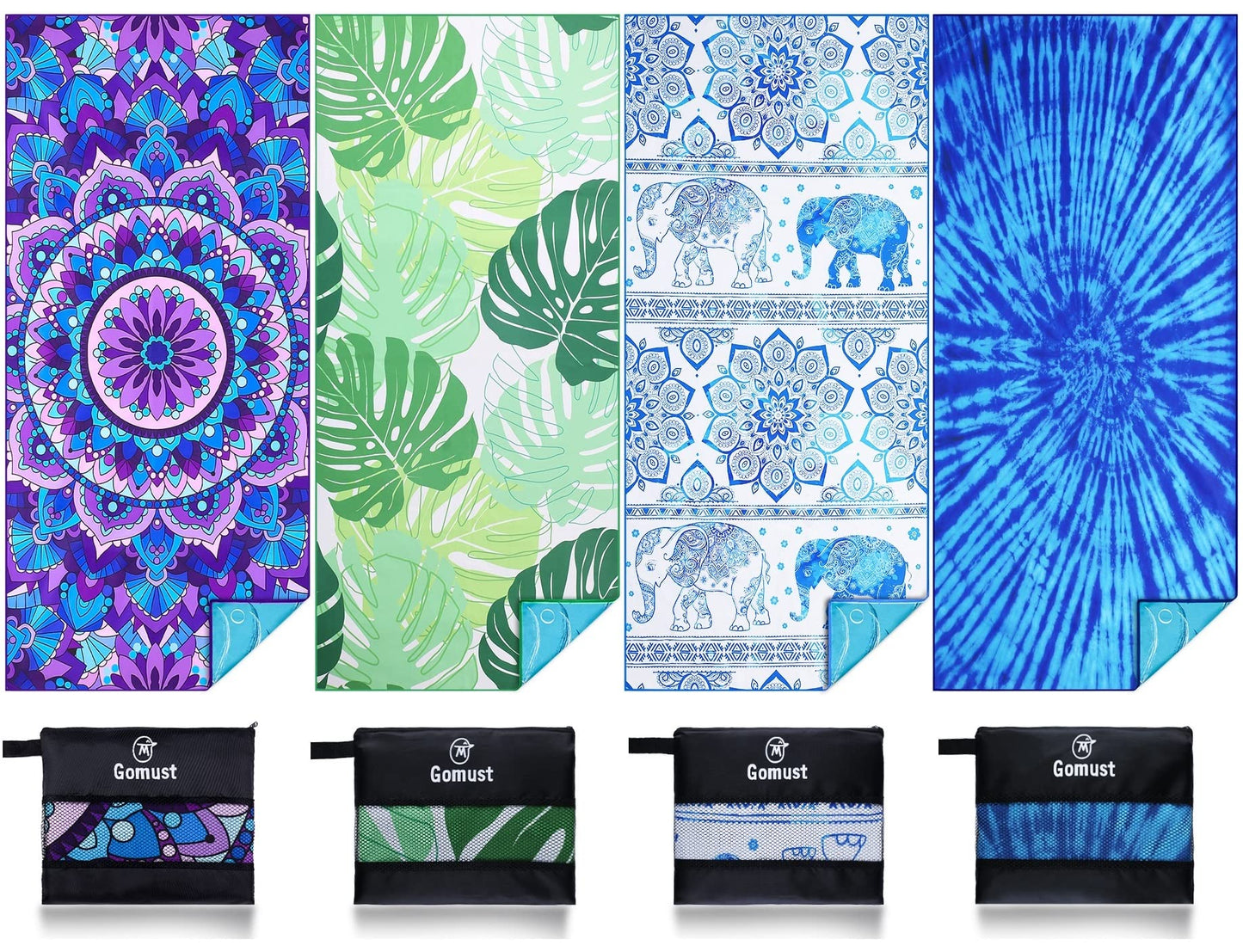 4 Pack Lightweight Thin Beach Towel Oversized 71"x32" Big Extra Large Microfiber Sand Free Towels for Adult Quick Dry Travel Camping Beach Accessories Vacation Essential Turtle Tie Dye Mandala Stripe