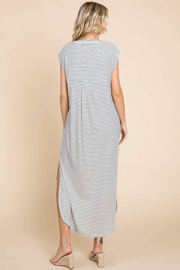 V Neck Oversize Sleeveless Stripe Maxi Dress