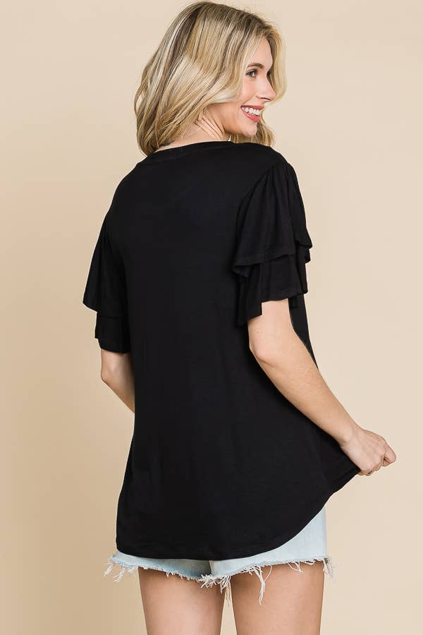 Round Neck Semi Loose Ruffle Sleeve Top