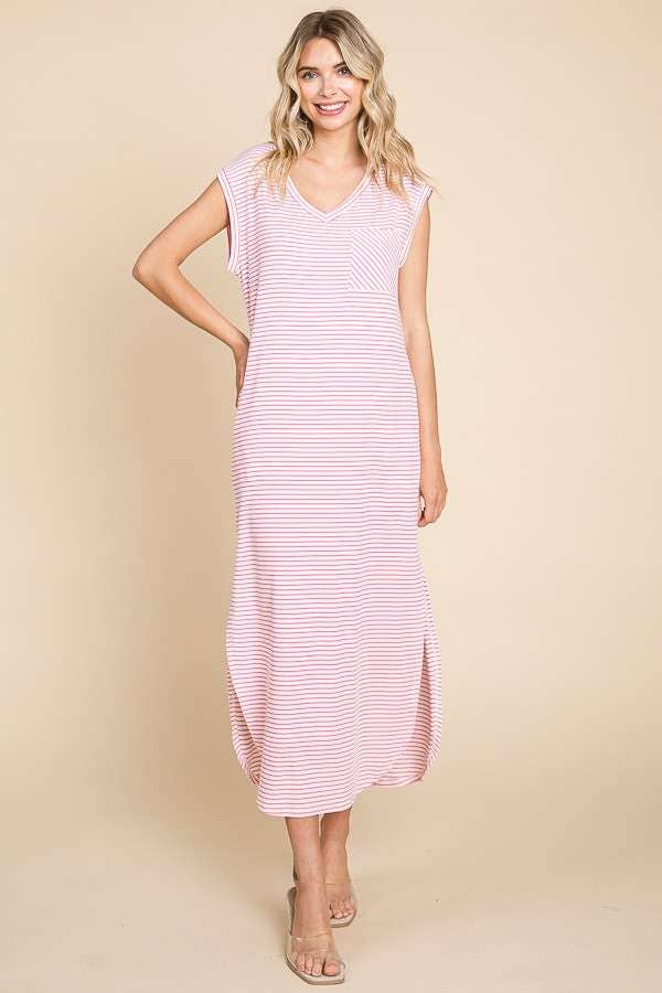 V Neck Oversize Sleeveless Stripe Maxi Dress