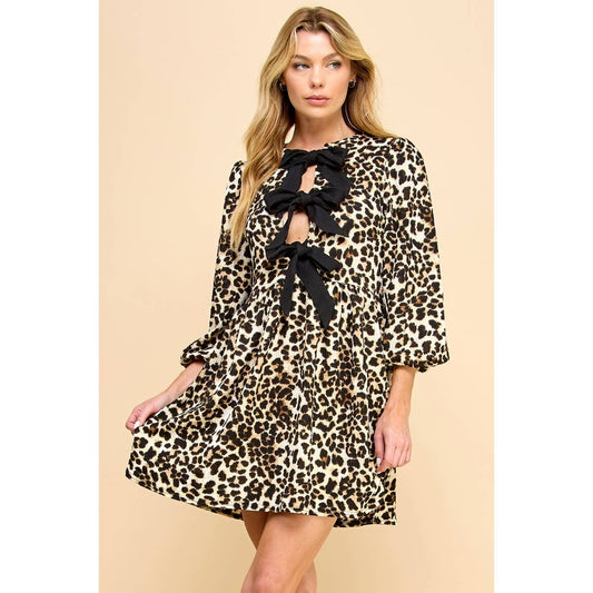 Print Woven Ribbon Tie Short Dress