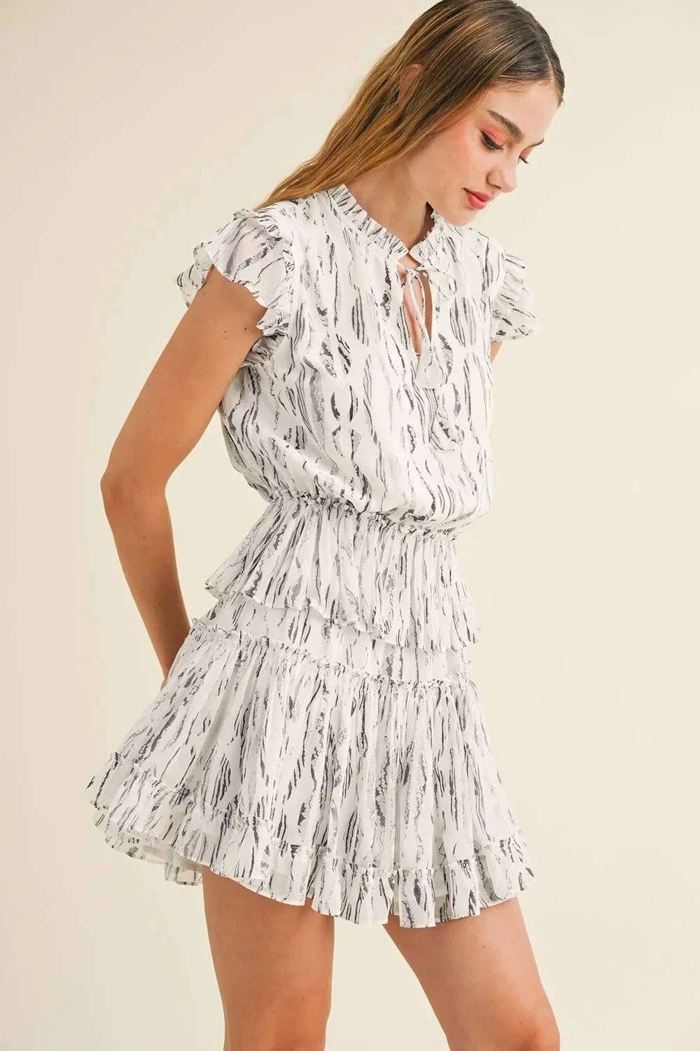 White Abstract Print Ruffle Flutter Sleeves and Tie Neck Detail Summer Mini Dress