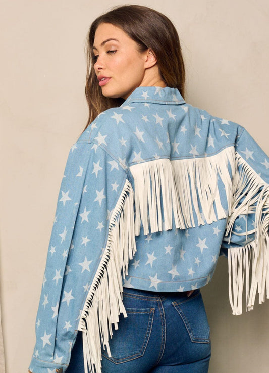 Women's Long sleeve star, fringe denim jacket