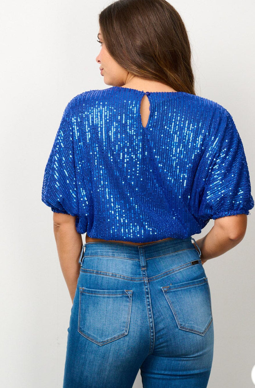 Women's Short Puff Sleeve Sequin Crop Top