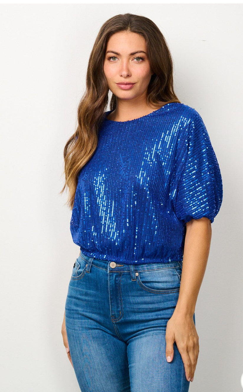 Women's Short Puff Sleeve Sequin Crop Top